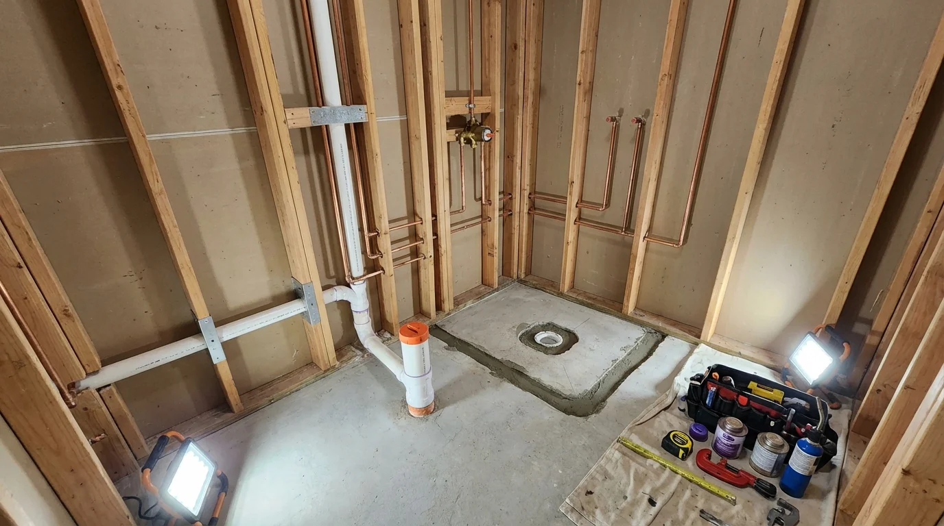 Bathroom rough-in plumbing during remodel by Johns Plumbing LLC in Progreso