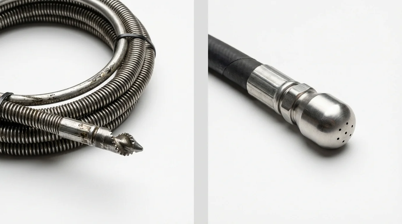 Drain snake cable and hydro jetting nozzle used for drain cleaning in Progreso, TX