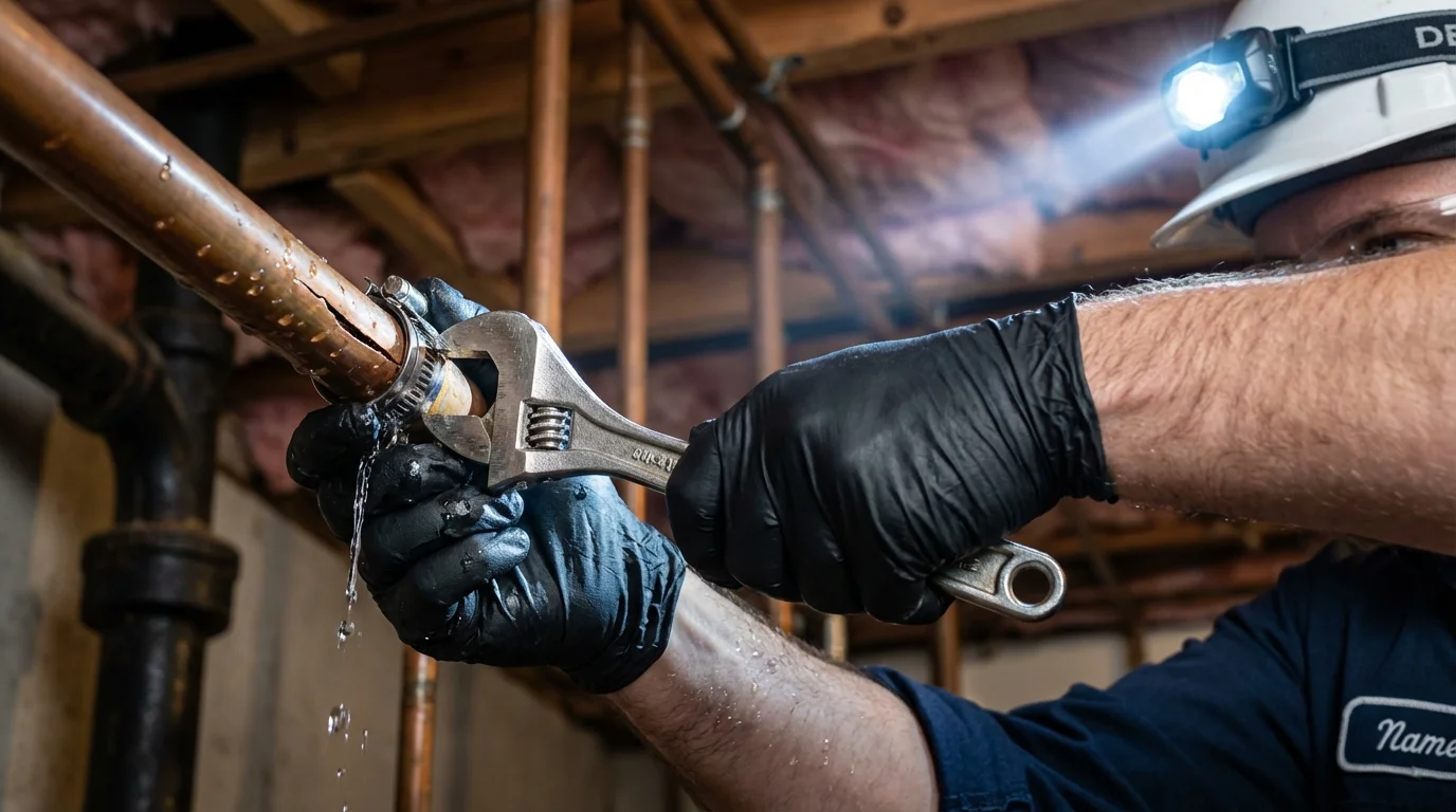 Emergency pipe clamp repair being performed by a Johns Plumbing LLC plumber in Progreso